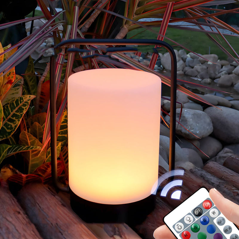 Modern Black Portable Outdoor Table Lamp With White Cylinder Shade, USB, IP65