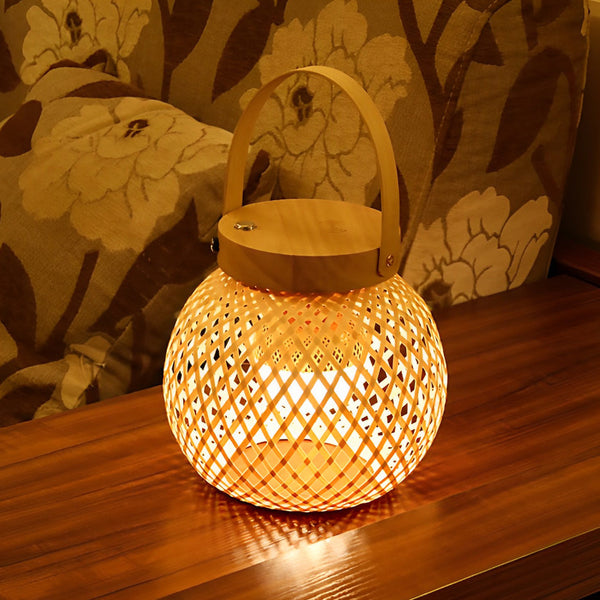 Rustic Portable Woven Bamboo Lantern Table Lamp with Handle