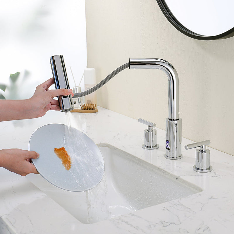 Lefton Two-Handle Widespread Waterfall & Pull-Out Bathroom Faucet with Temperature Display-BFWS2401